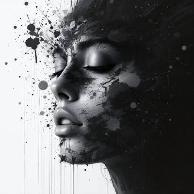 The primary subject of the image is a woman with a beautiful face. She is the main focus of the image. The setting is a white background, which provides a clean and minimalistic environment. The visual style is a black and white photo, which adds a classic and timeless feel to the image. The colors and mood are predominantly black and white, creating a dramatic and artistic atmosphere.